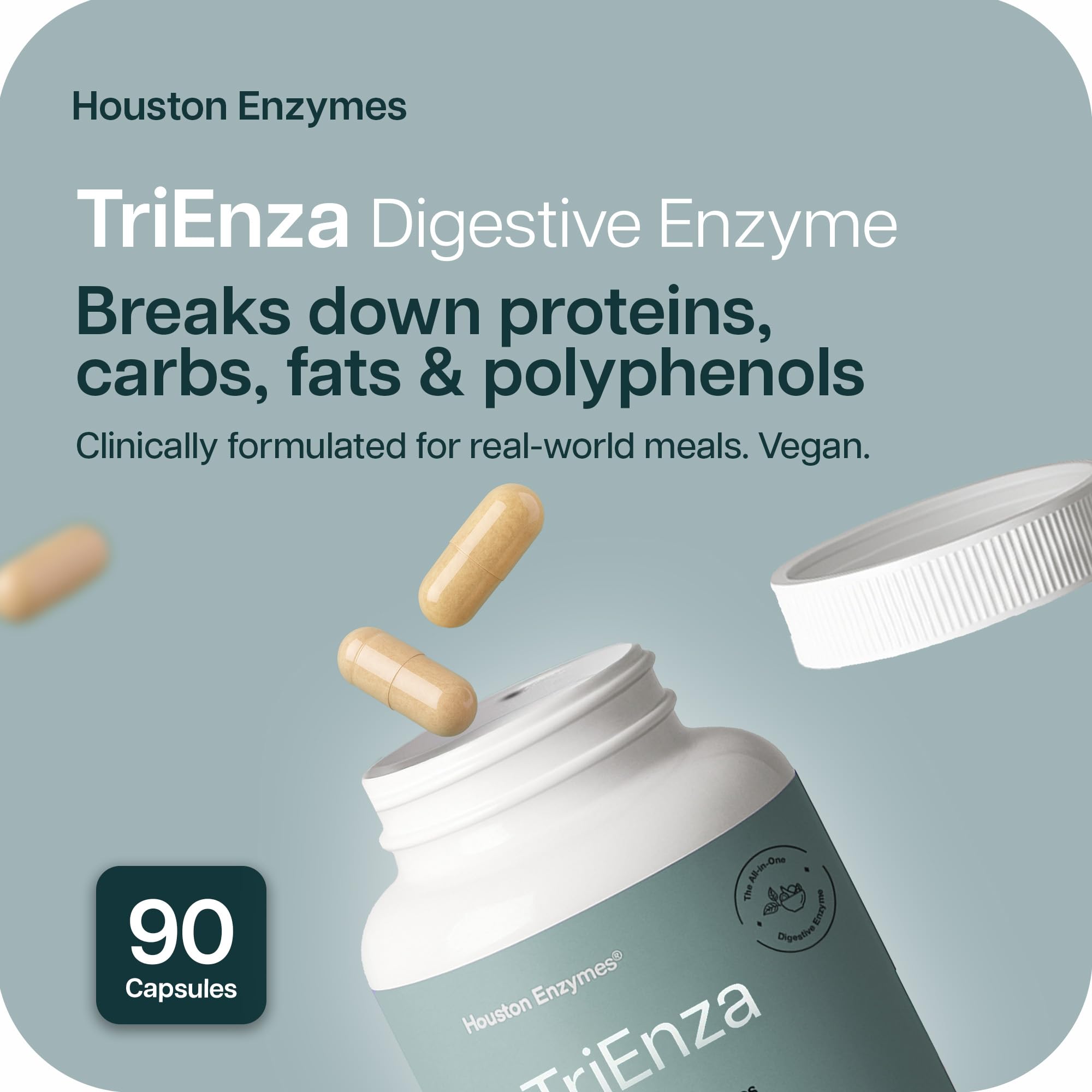 Houston Enzymes TriEnza, etiqueta, describe ingredientes y beneficios para la digestión equilibrada.