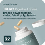 Houston Enzymes TriEnza, etiqueta, describe ingredientes y beneficios para la digestión equilibrada.