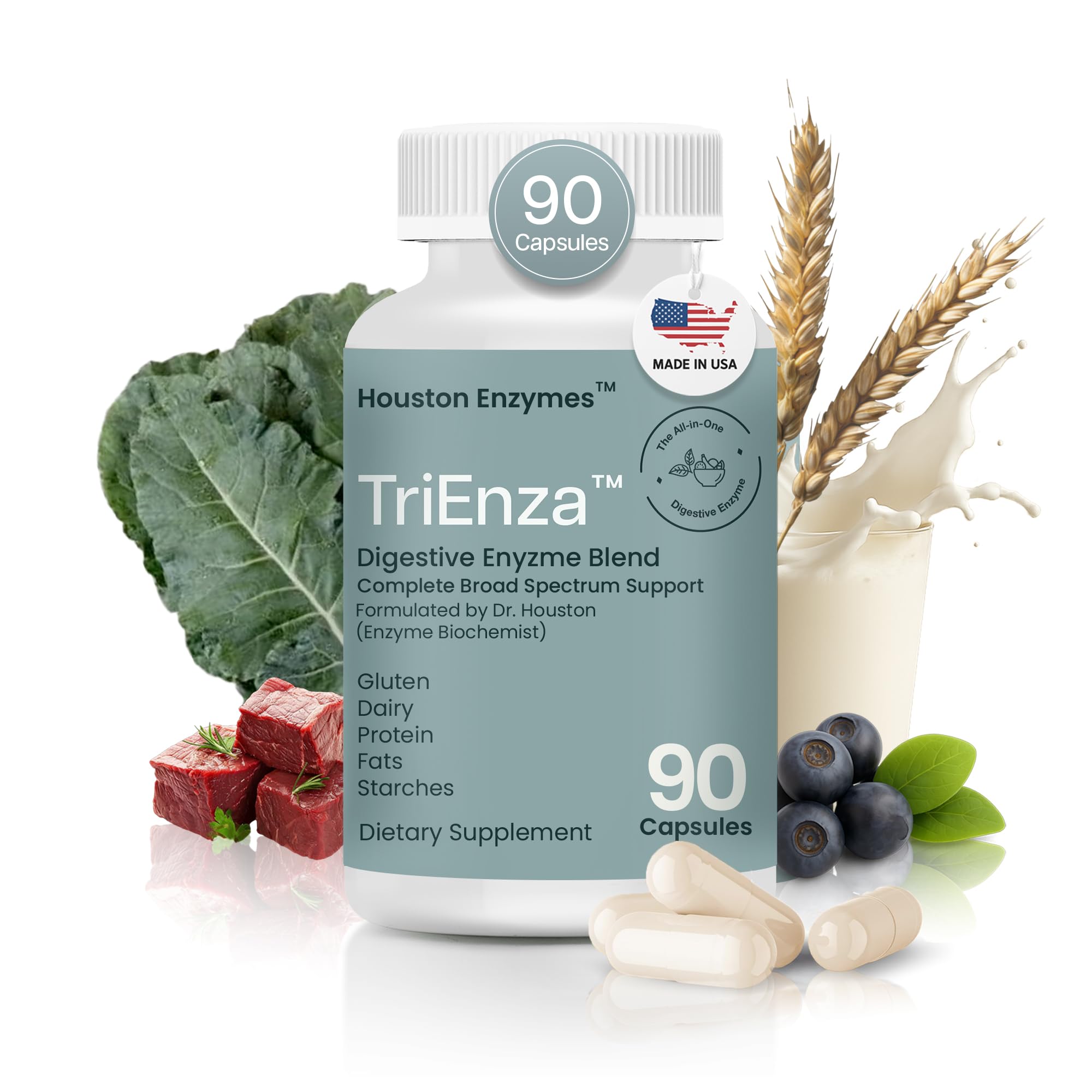 Houston Enzymes TriEnza, frasco de cápsulas, favorece la digestión de proteínas y carbohidratos.
