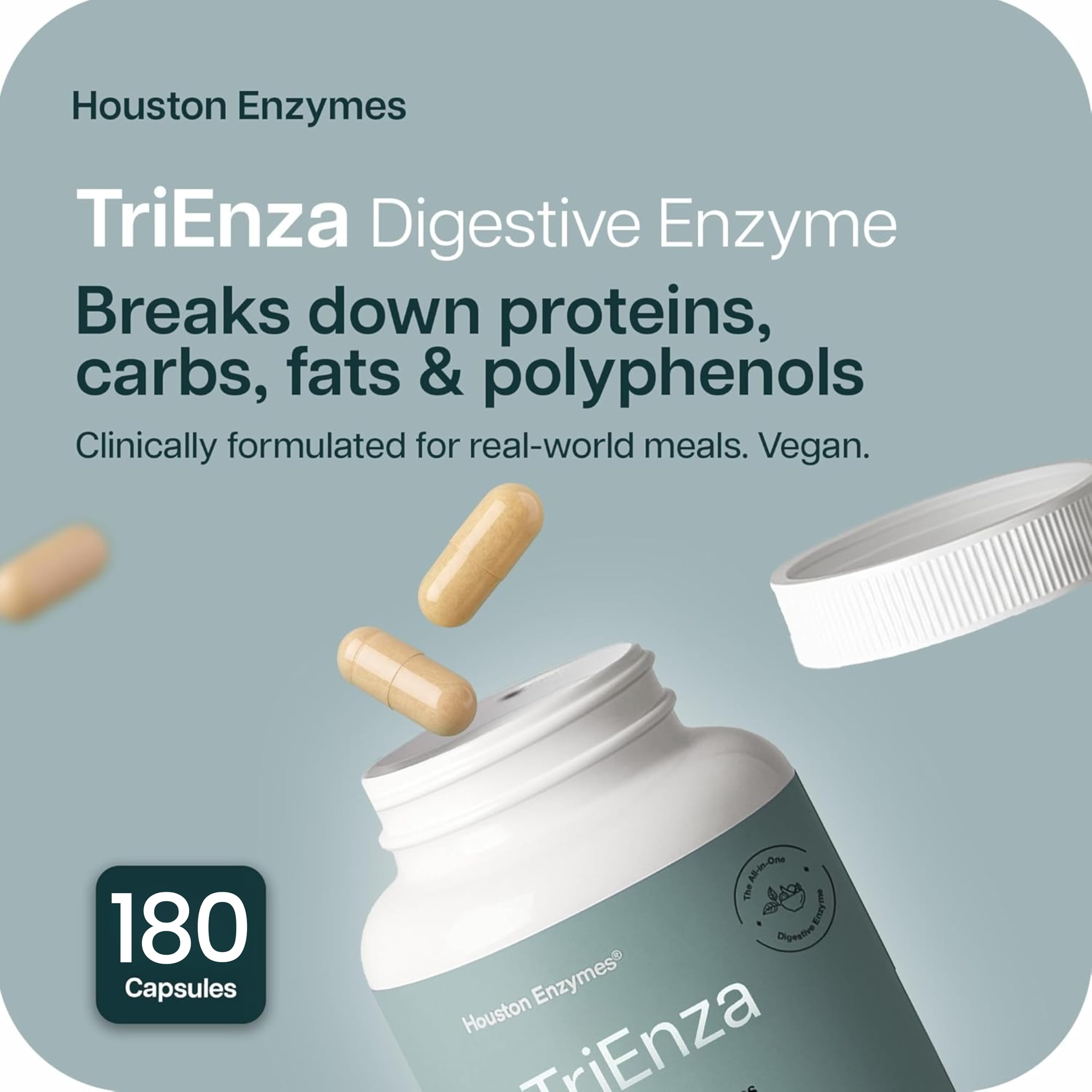 Houston Enzymes TriEnza: etiqueta detalla enzimas estables para mejor absorción.