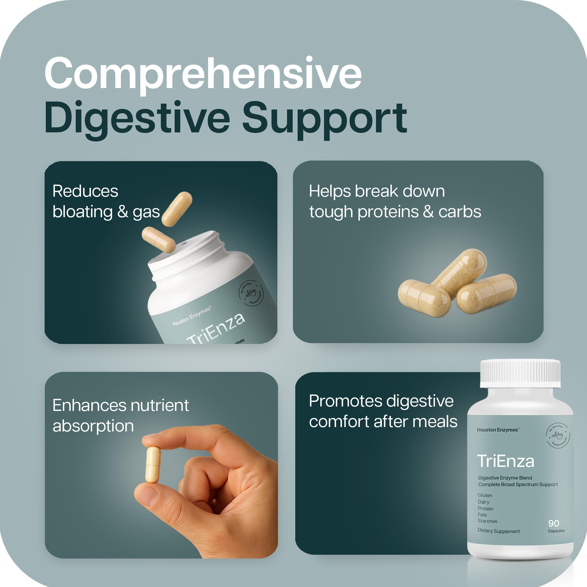 Houston Enzymes TriEnza: ingredientes en etiqueta muestran proteínas y carbohidratos digestibles.