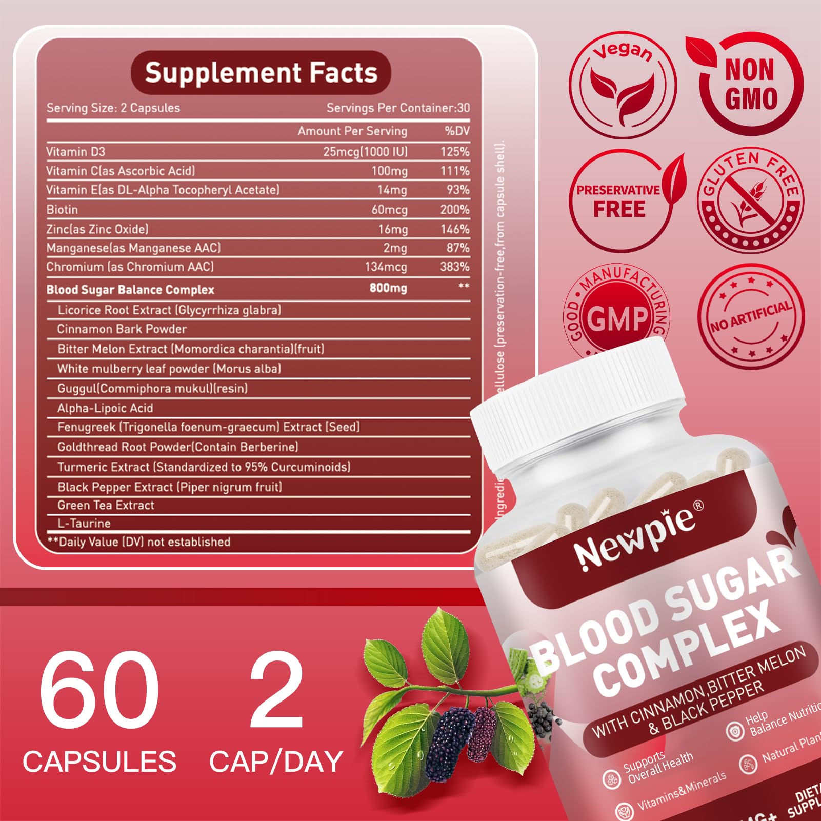 Etiqueta de HOWEEJET Complejo para azúcar en sangre muestra los 20 ingredientes activos