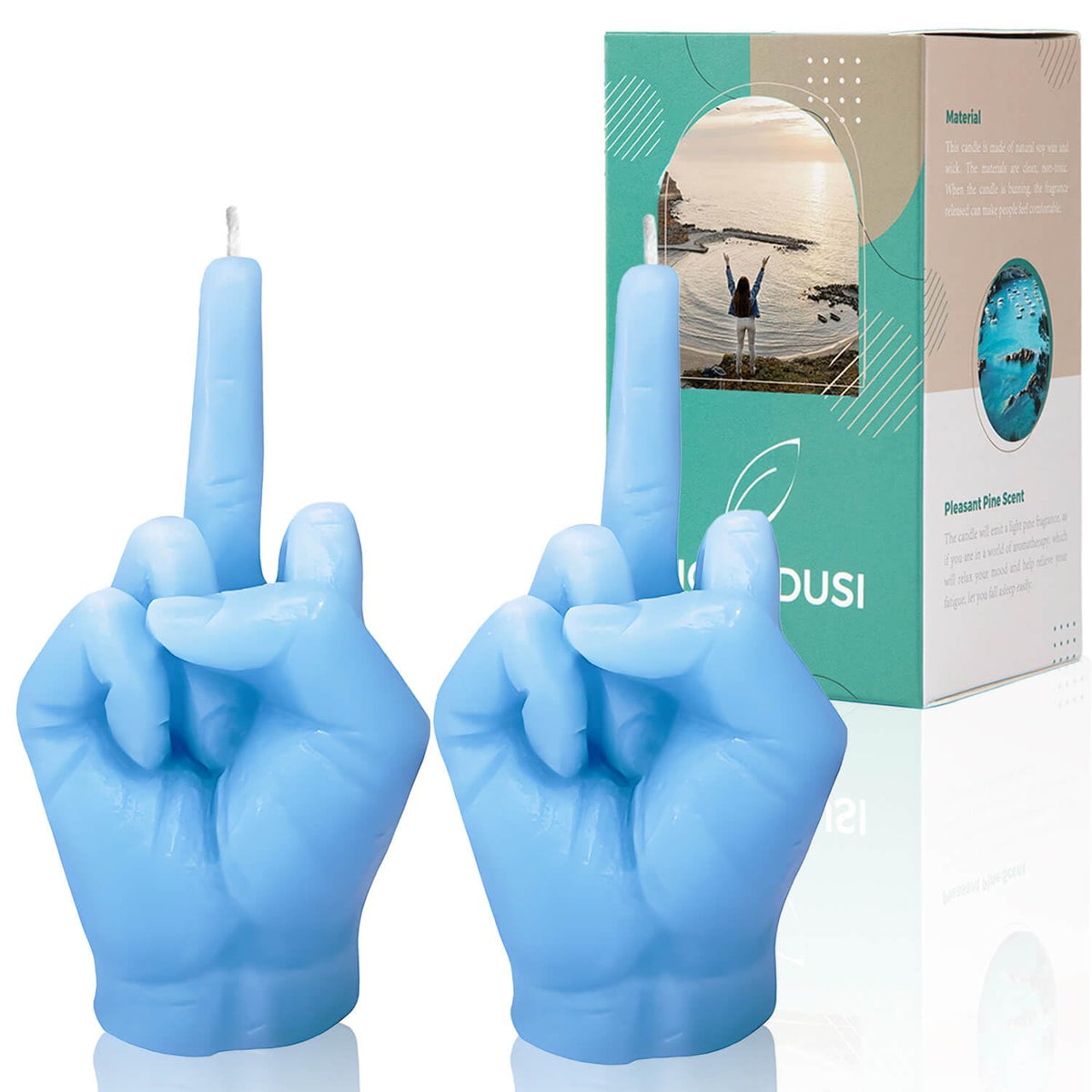 Vela dedo medio azul de Hozodusi, ideal para ambientar la sala.