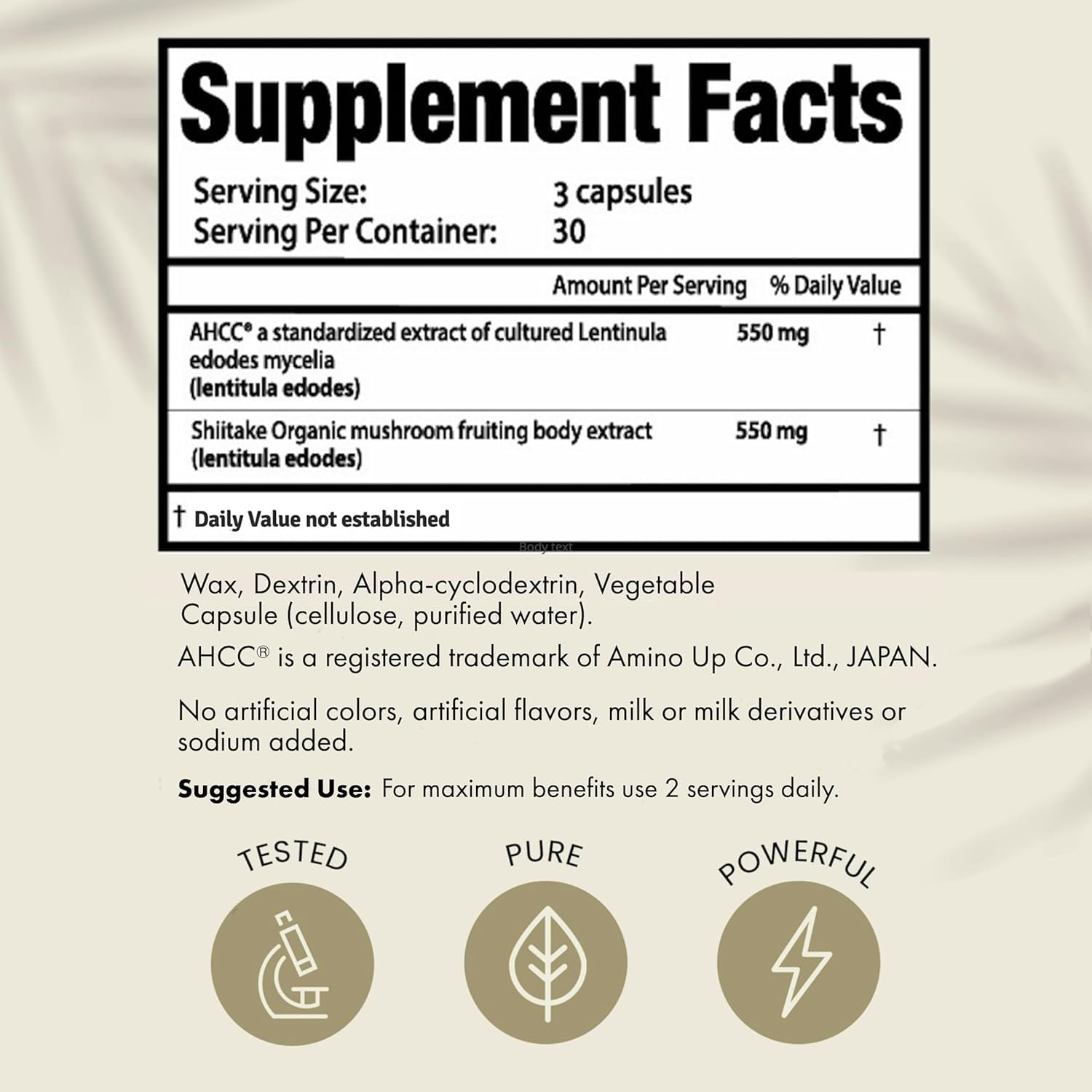 Envase de 90 cápsulas HPD Rx AHCC Shiitake 1100 mg para mes.