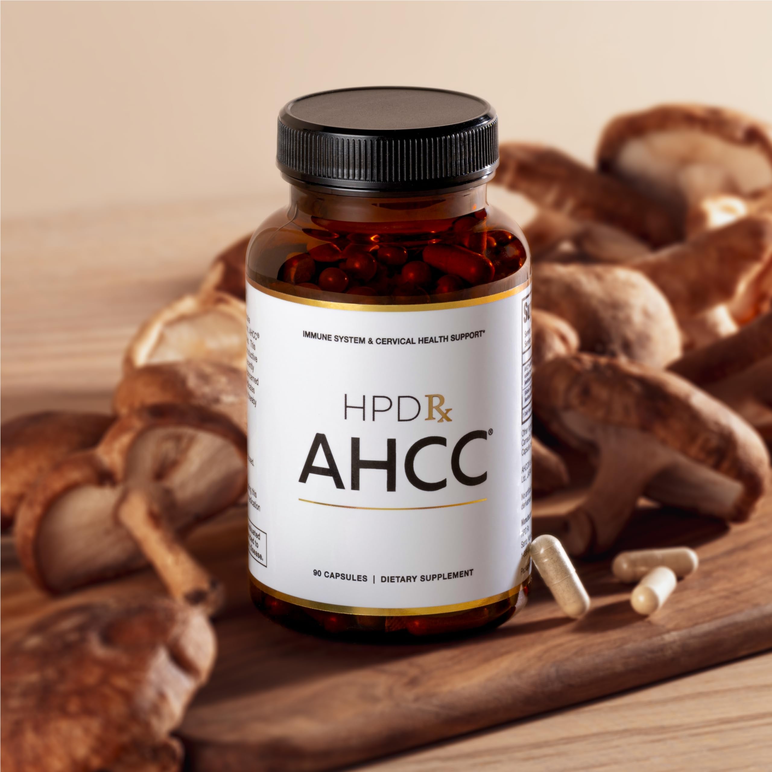AHCC Shiitake HPD Rx, ingredientes clave en cápsulas de 1100 mg para inmunidad.