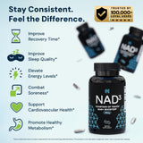 HPN NAD3, etiqueta de ingredientes, resalta el contenido y beneficios para la salud celular