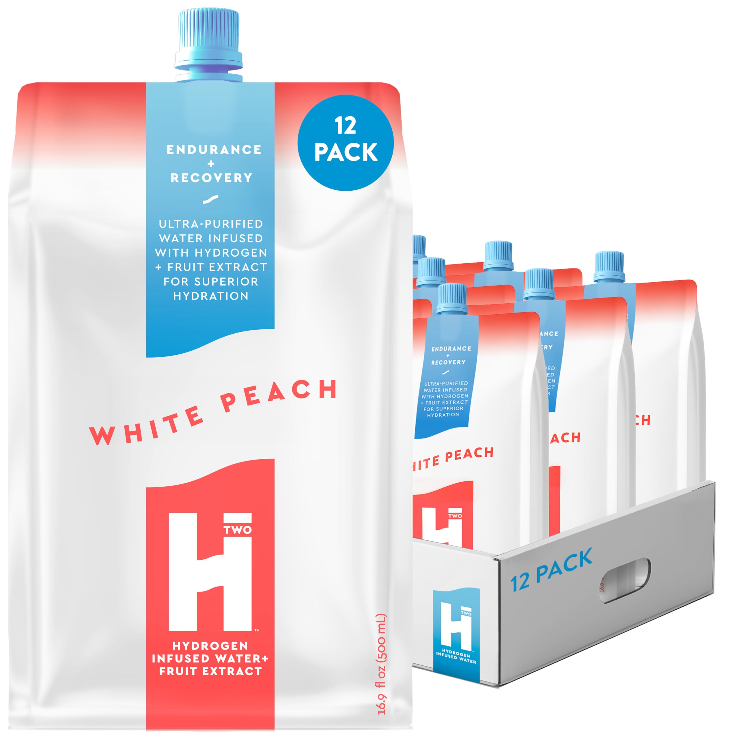 HTWO agua de hidrógeno con durazno blanco en empaque, hidratación funcional sin azúcar.