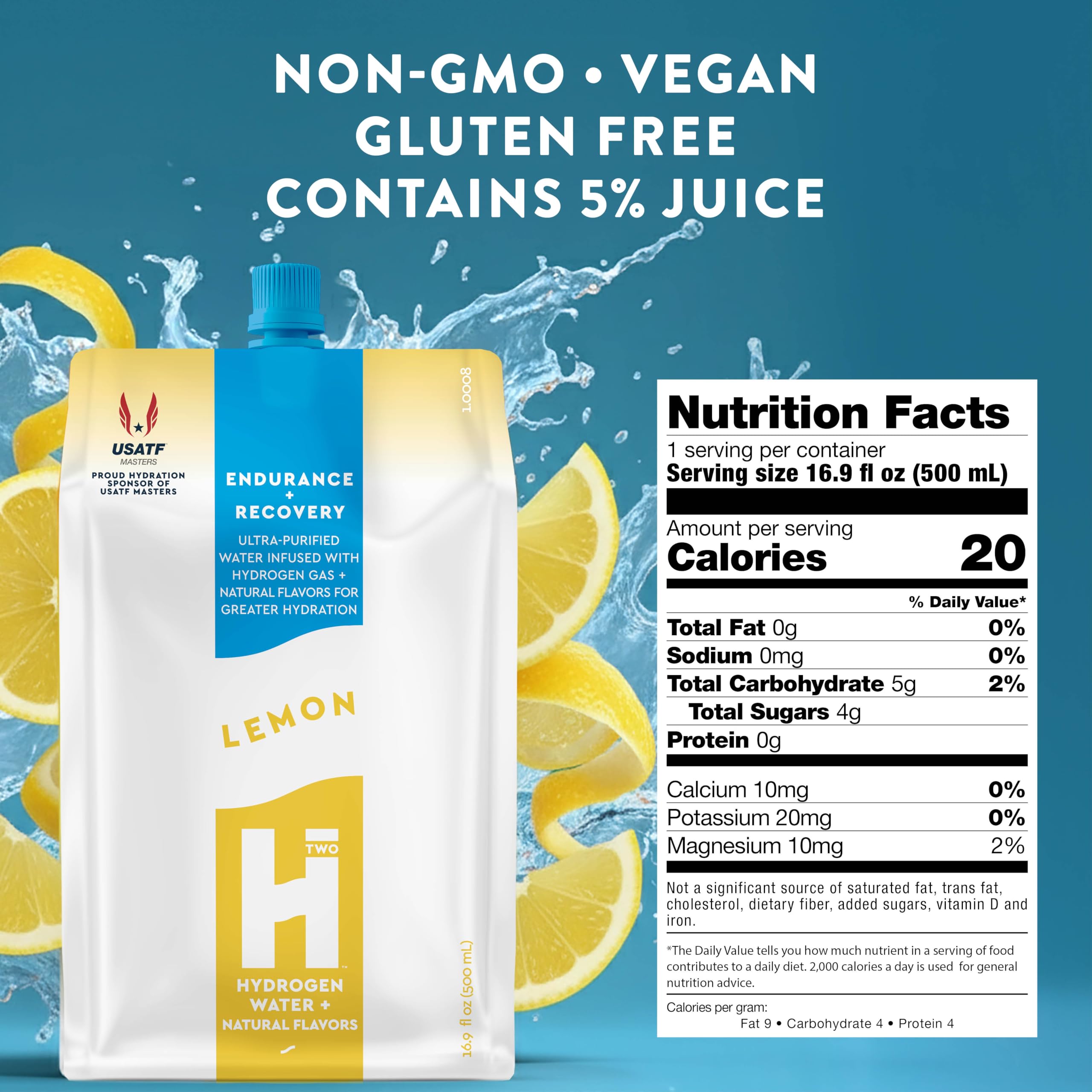 HTWO pouch limón 16.9 onzas, empaque práctico para entrenamientos y viajes.