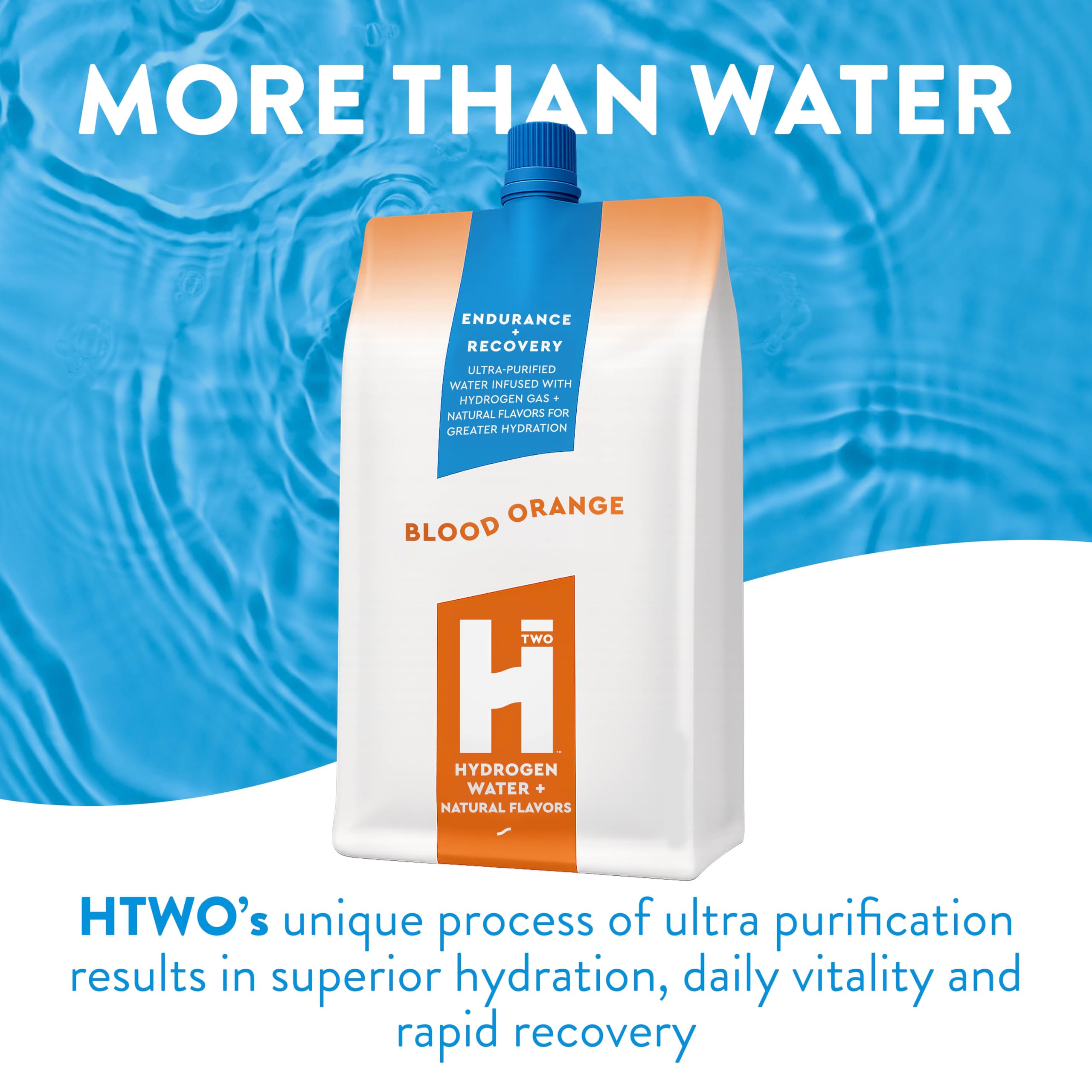 HTWO etiqueta clara resalta sabor a naranja y pureza sin azúcares añadidos.