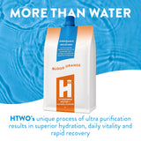 HTWO etiqueta clara resalta sabor a naranja y pureza sin azúcares añadidos.