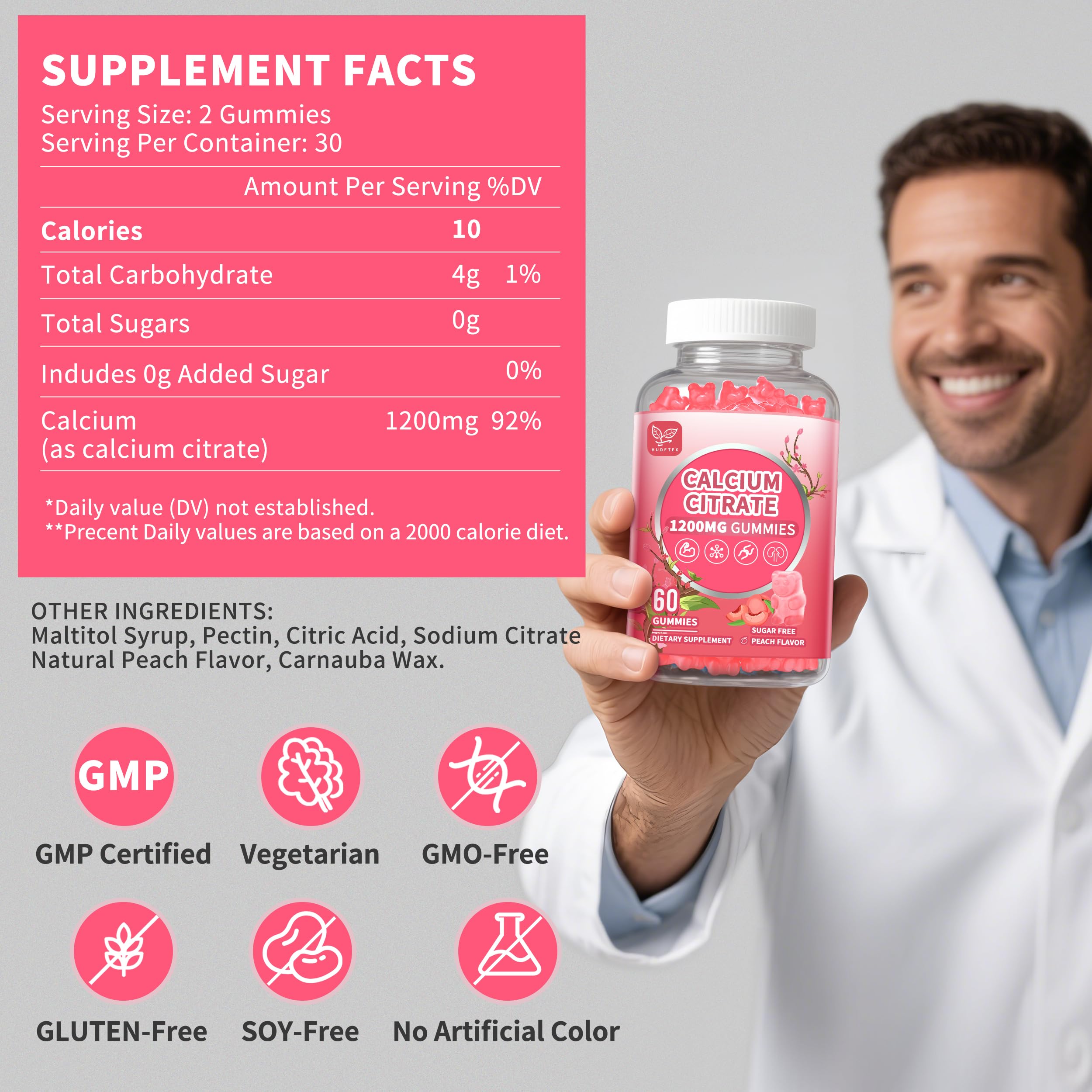 Hudetex citrato de calcio 1200 mg gomitas veganas, sin azúcar