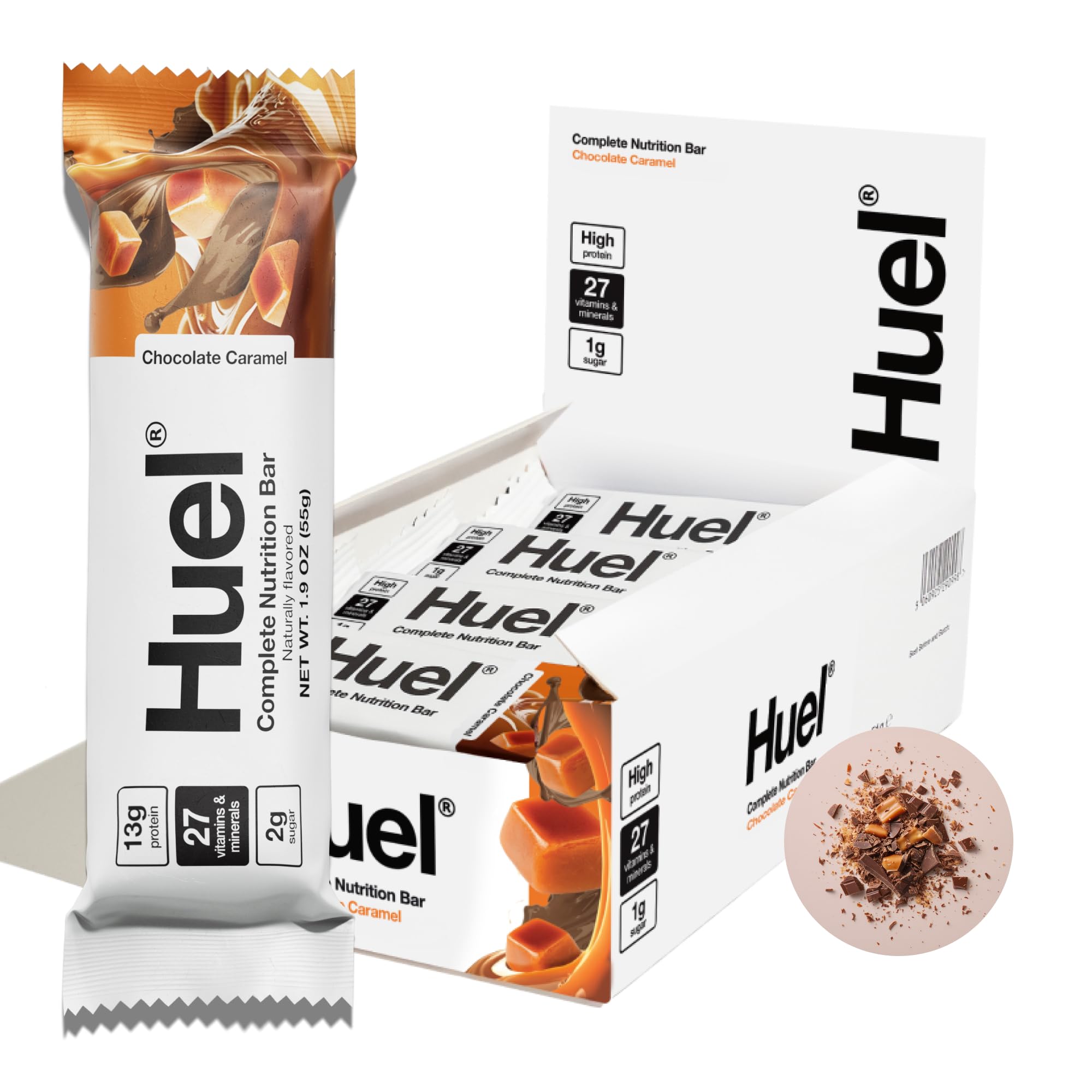 Barra Huel Nutrición Completa Chocolate Caramel en envase, snack práctico para cualquier momento