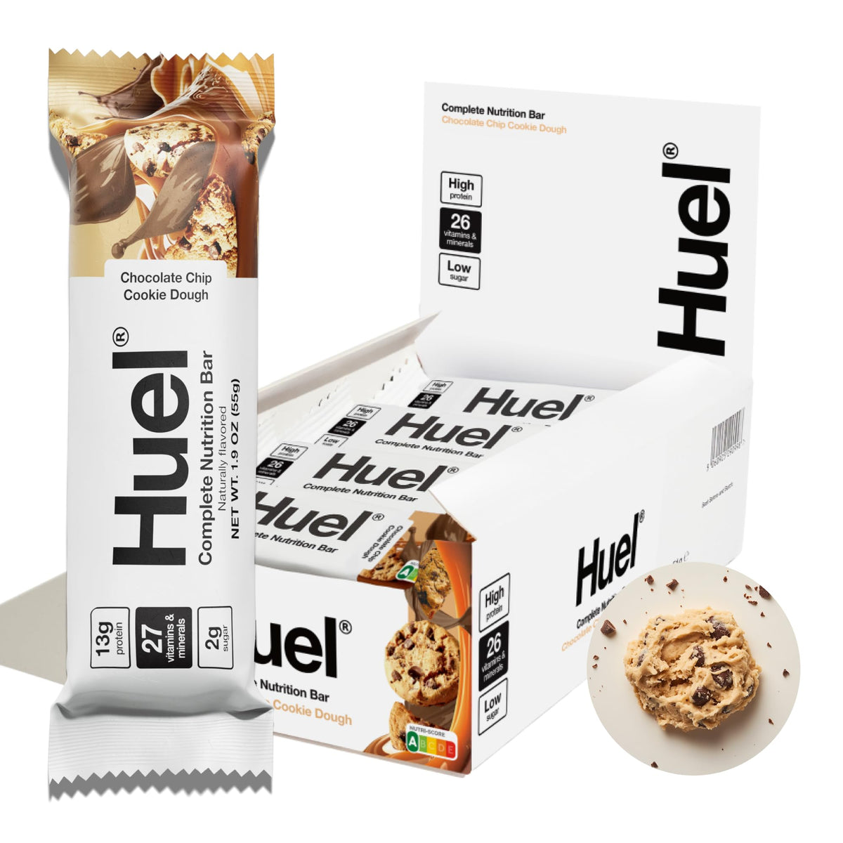 Barra Huel nutrición completa, masa galleta, snack diario energizante.