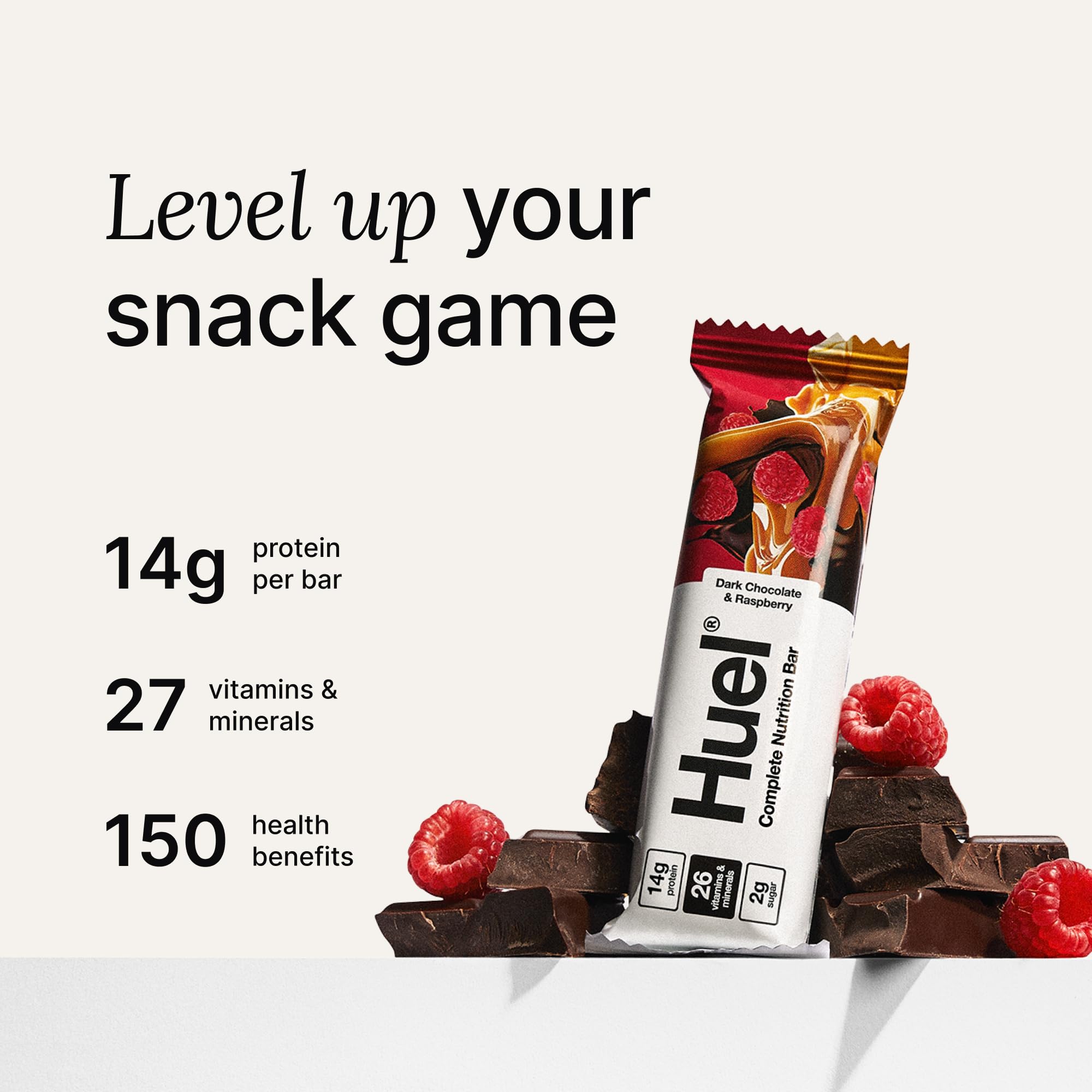 Huel barra vegana con capa de caramelo suave para energía sostenida.