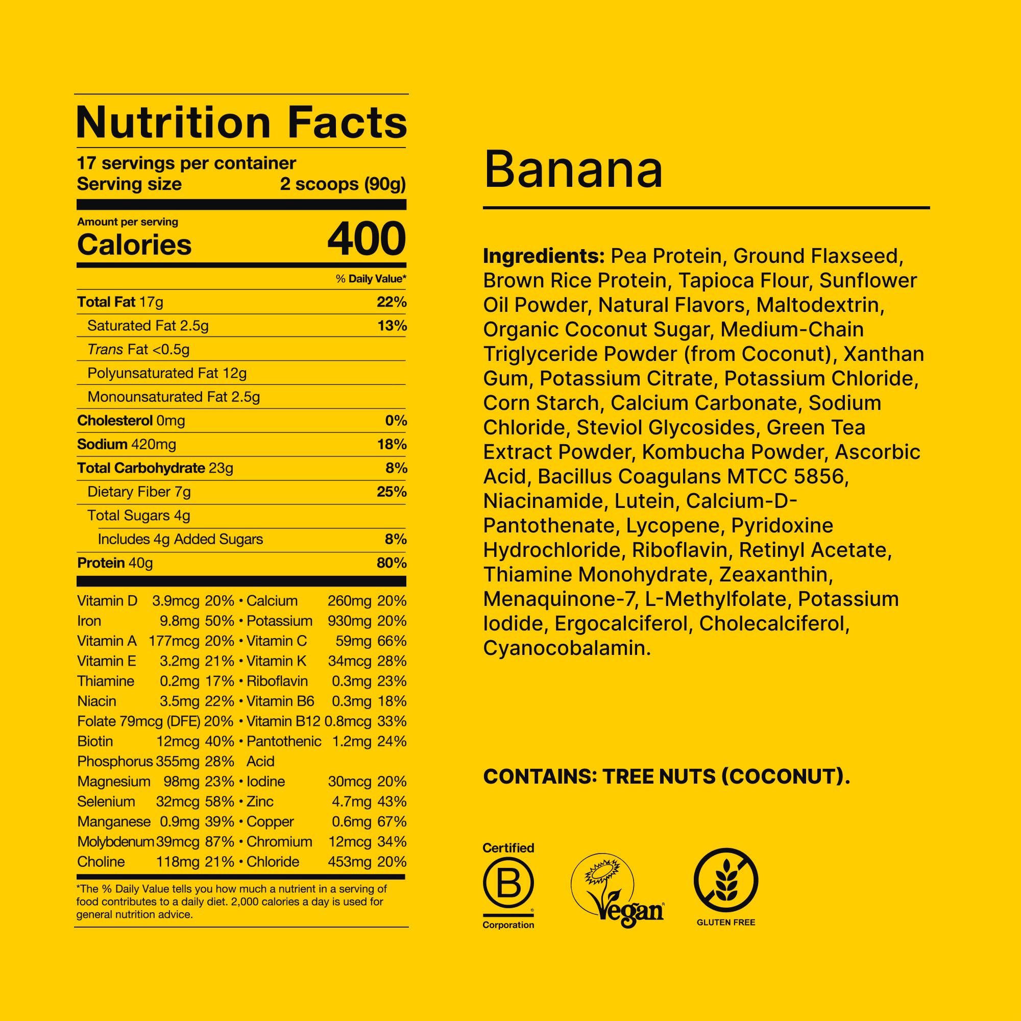 Mezcla banana Huel para smoothie con fruta y textura cremosa.