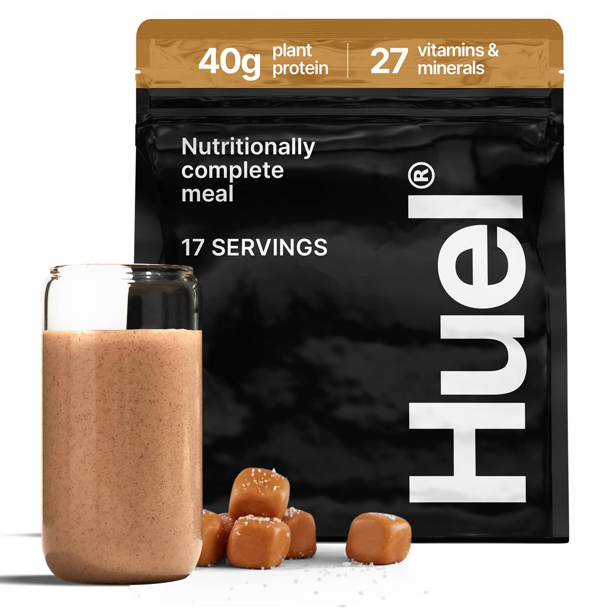 Huel Black Edition empaque compacto con sabor caramelo salado, listo para comprar