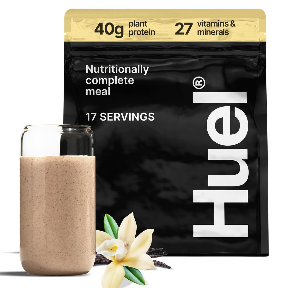 Huel Black Edition Vanilla powder tub ready for a high-protein vegan meal replacement
