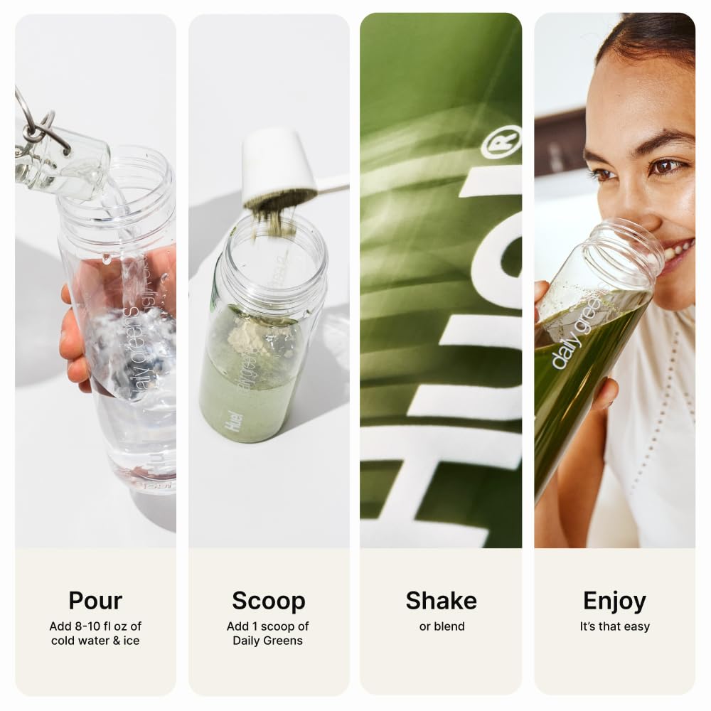 Huel Daily Greens durazno maracuya, tomar con agua para ritual matutino.