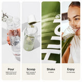 Huel Daily Greens durazno maracuya, tomar con agua para ritual matutino.