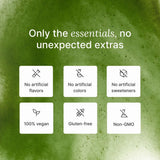 Huel Daily Greens durazno maracuya, vaso de cristal para beber.