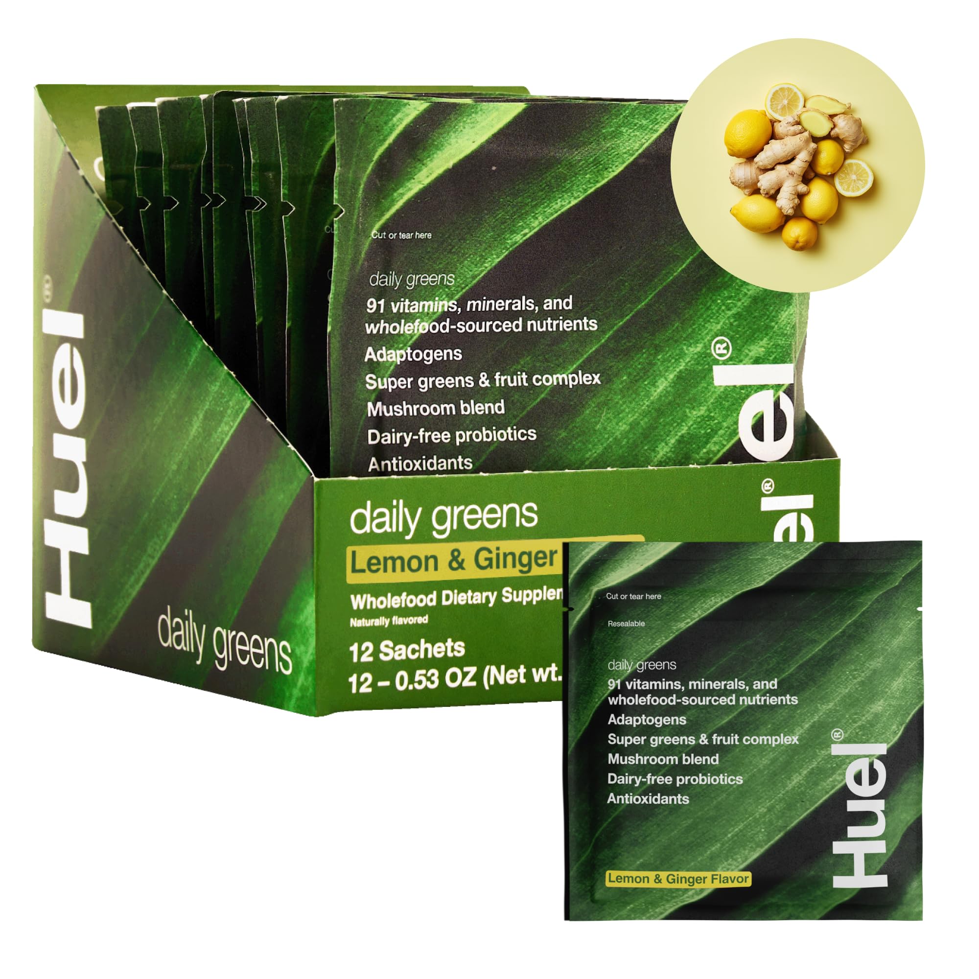 Huel Daily Greens empaque limón y jengibre para empezar el día con frescura