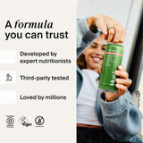 Envase portátil de Huel Daily Greens, listo para llevar.
