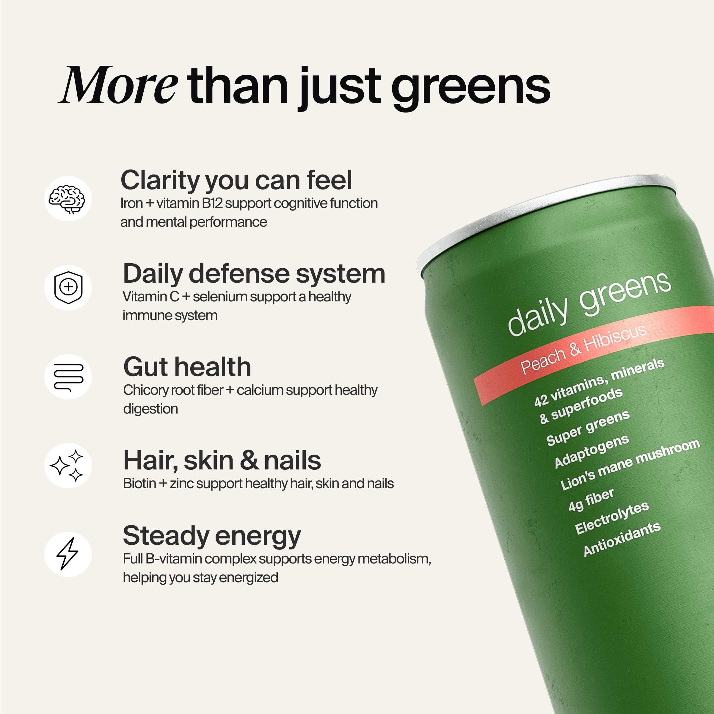Etiqueta adaptógenos de Huel Daily Greens, para energía y enfoque durante el día.