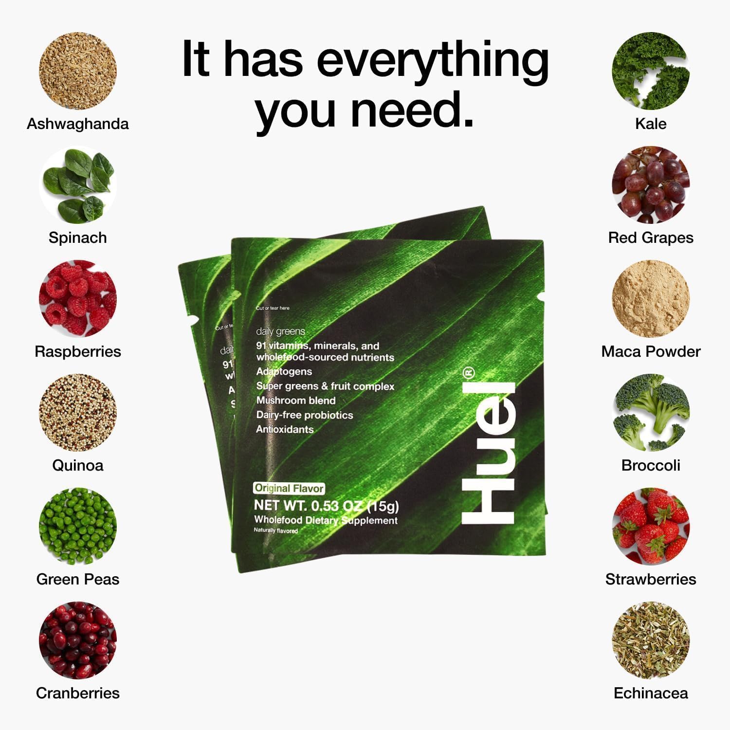 Huel Daily Greens, sabor a manzana y piña con toque de lima y menta.