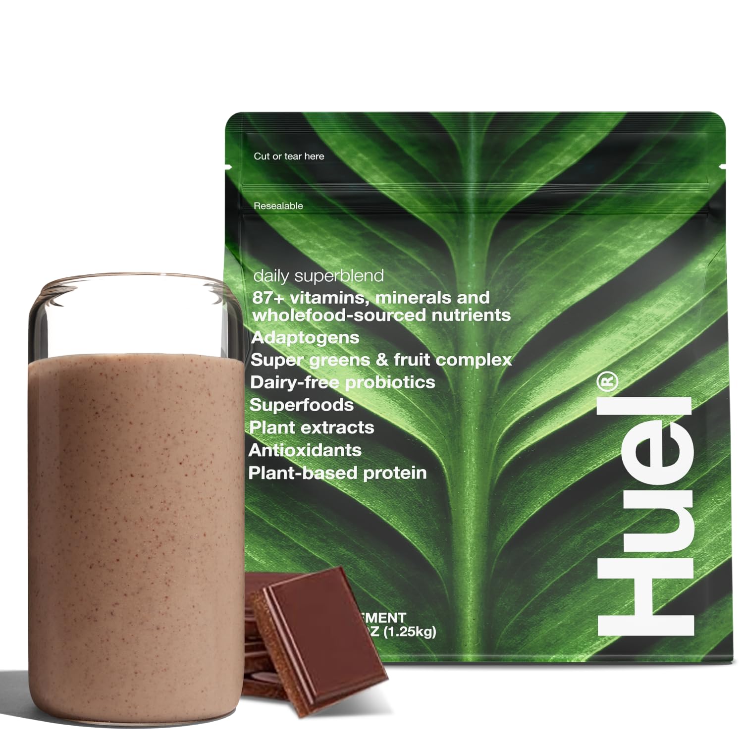 Huel Daily Superblend Chocolate con proteína vegetal de 25 g para desayuno rápido.