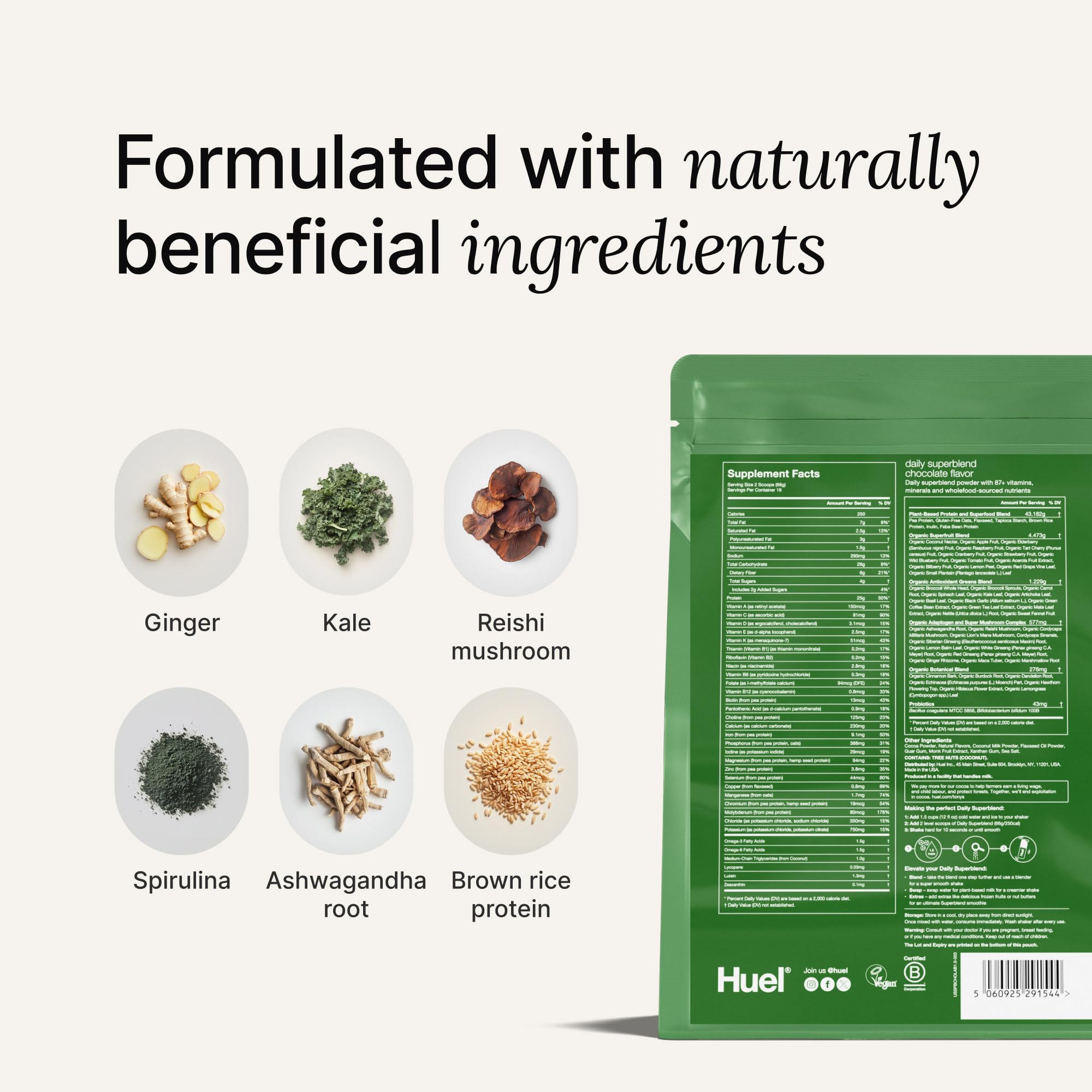 Huel Daily Superblend fórmula limpia sin sabores artificiales ni gluten.