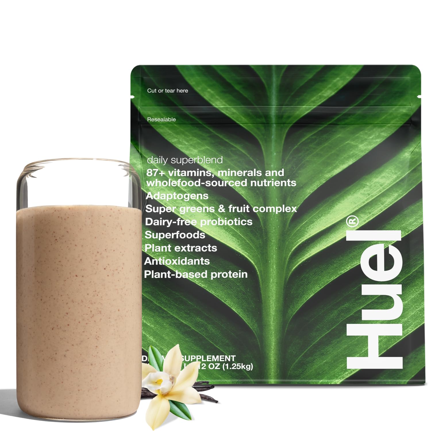 Huel Daily Superblend Vanilla en taza, desayuno rápido y conveniente.