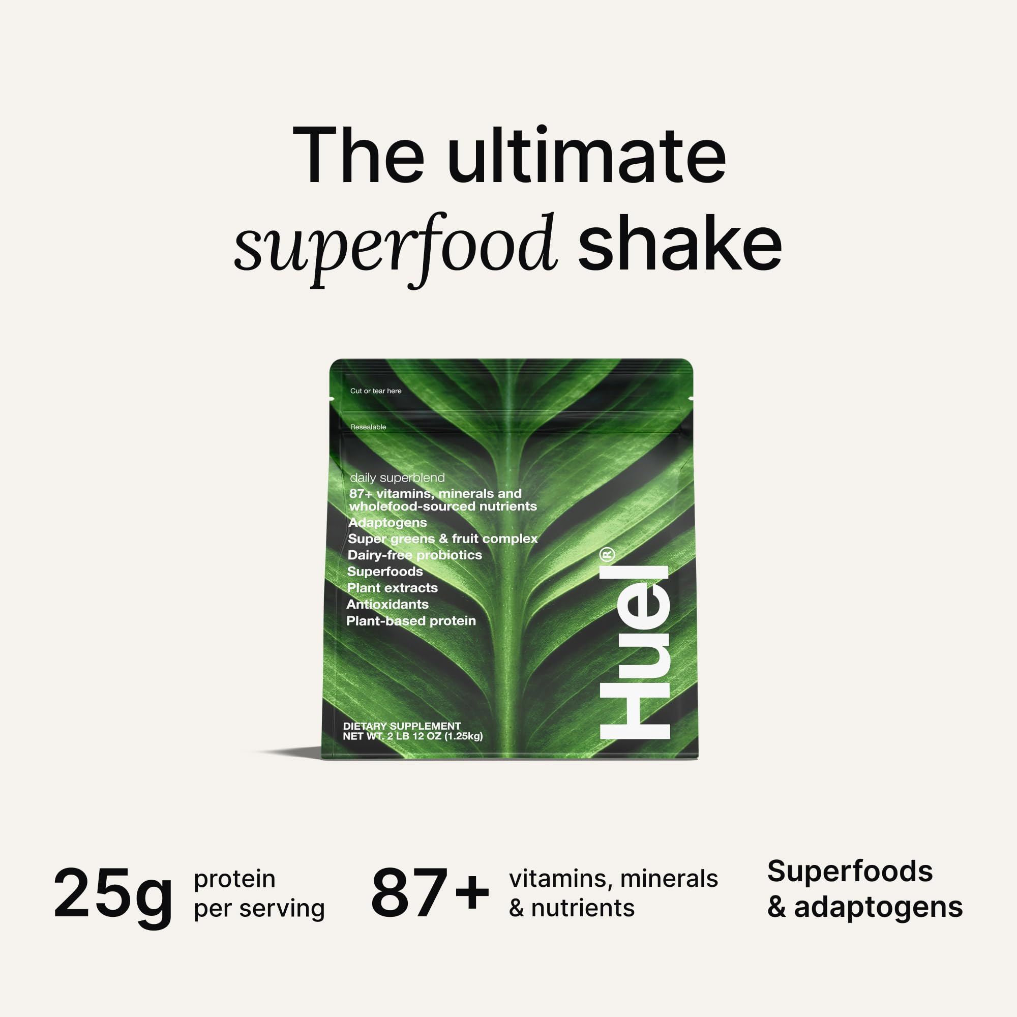 Envase de Huel Daily Superblend Vanilla listo para mezclar en cualquier lugar.