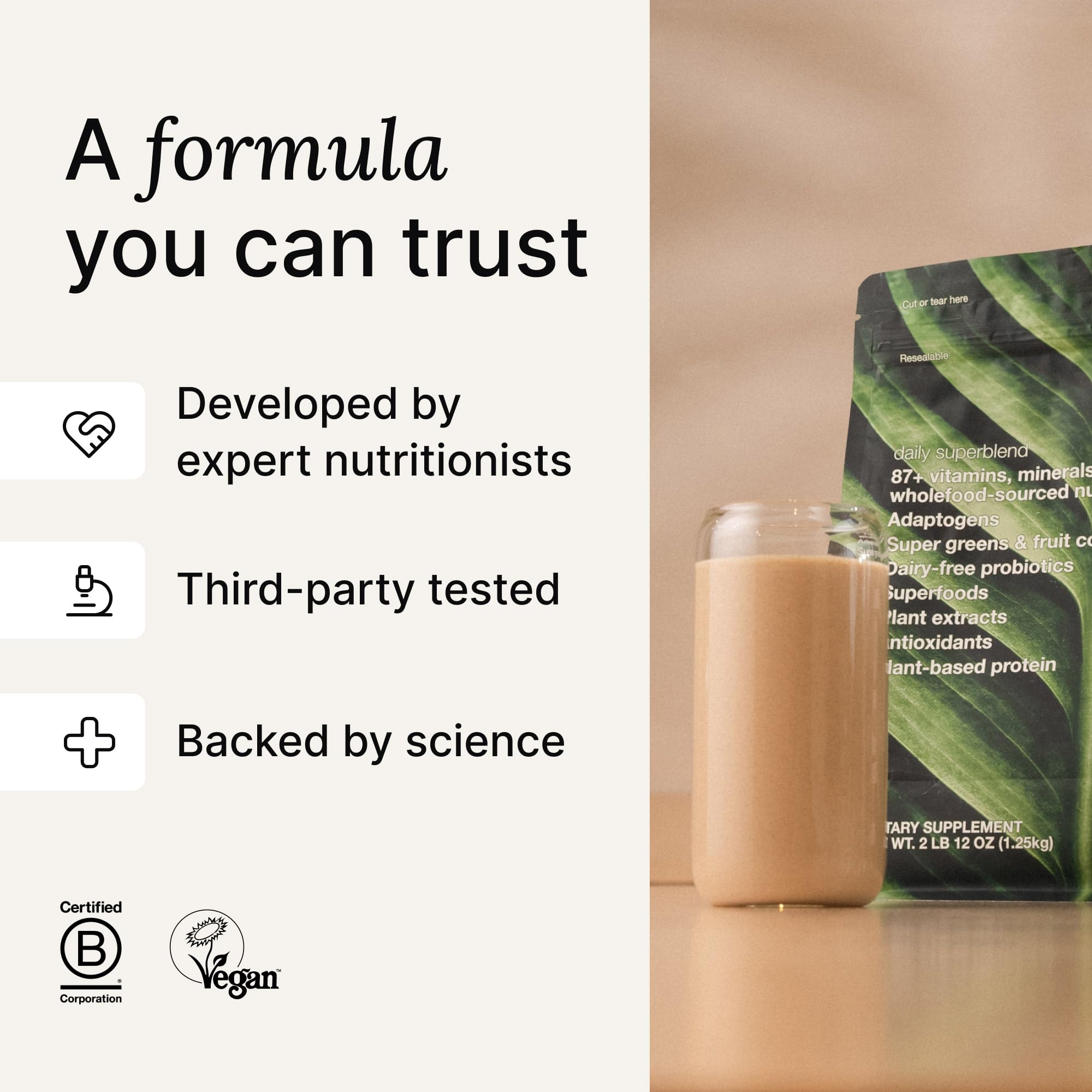 Tabla nutricional de Huel Daily Superblend Vanilla con 87 vitaminas y minerales.