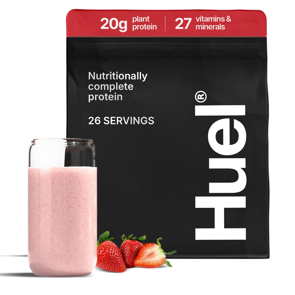 Huel proteina vegetal fresa, vaso con batido nutritivo para empezar el día