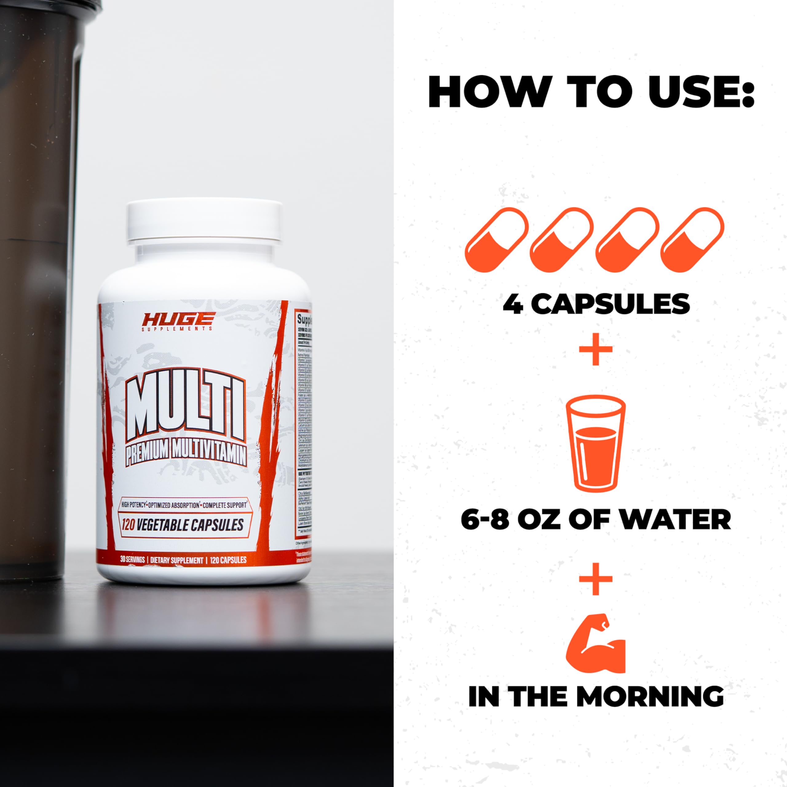 Huge Multi: estantería de suplementos, combinación de vitaminas para salud general.