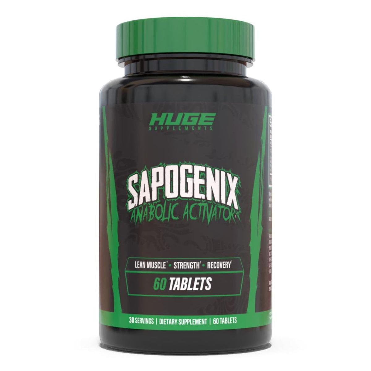 Sapogenix de Huge Supplements, botella de cápsulas, apoyo a la ganancia muscular natural.
