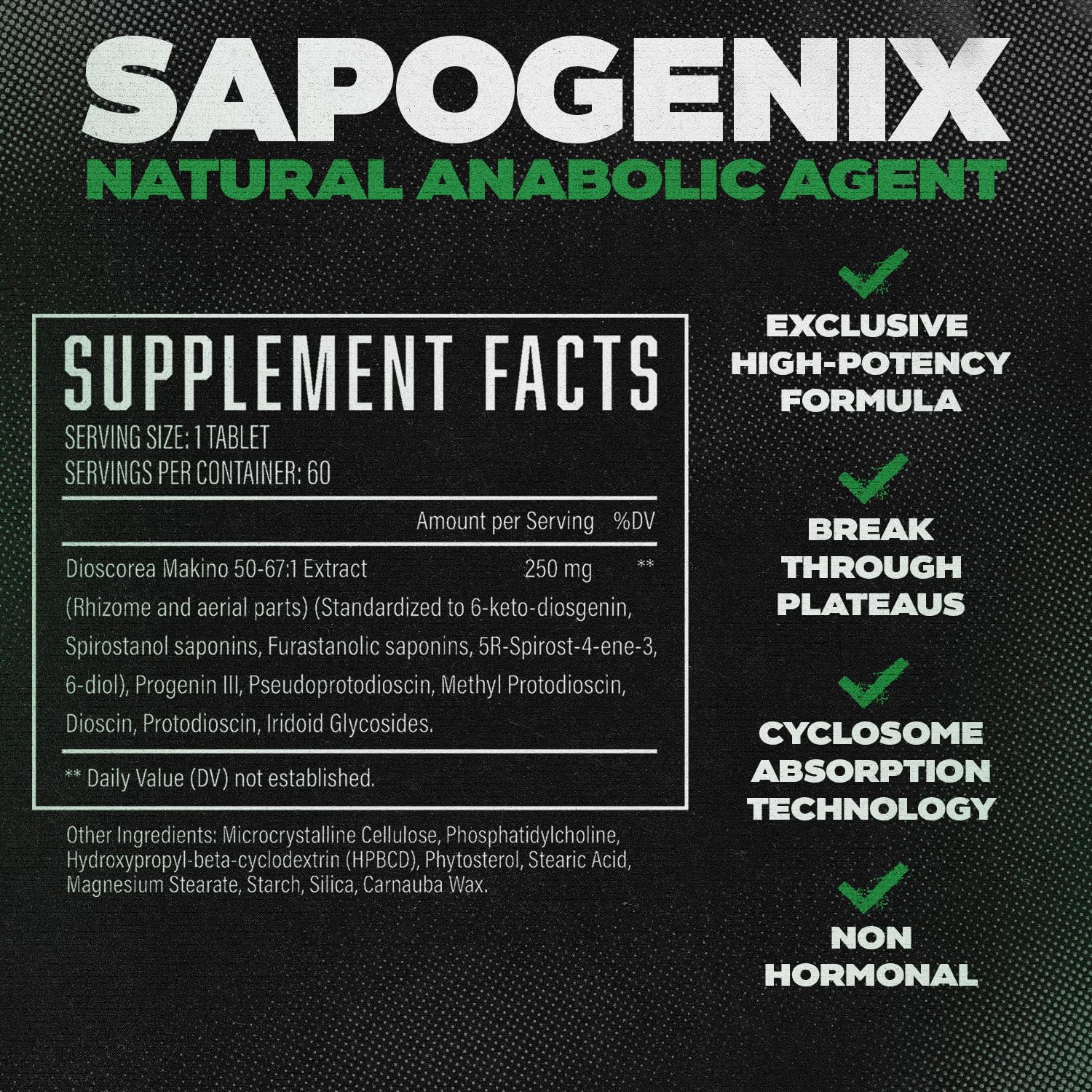 Sapogenix de Huge Supplements, etiqueta detallada que destaca ingredientes clave y tecnología Cyclosome.