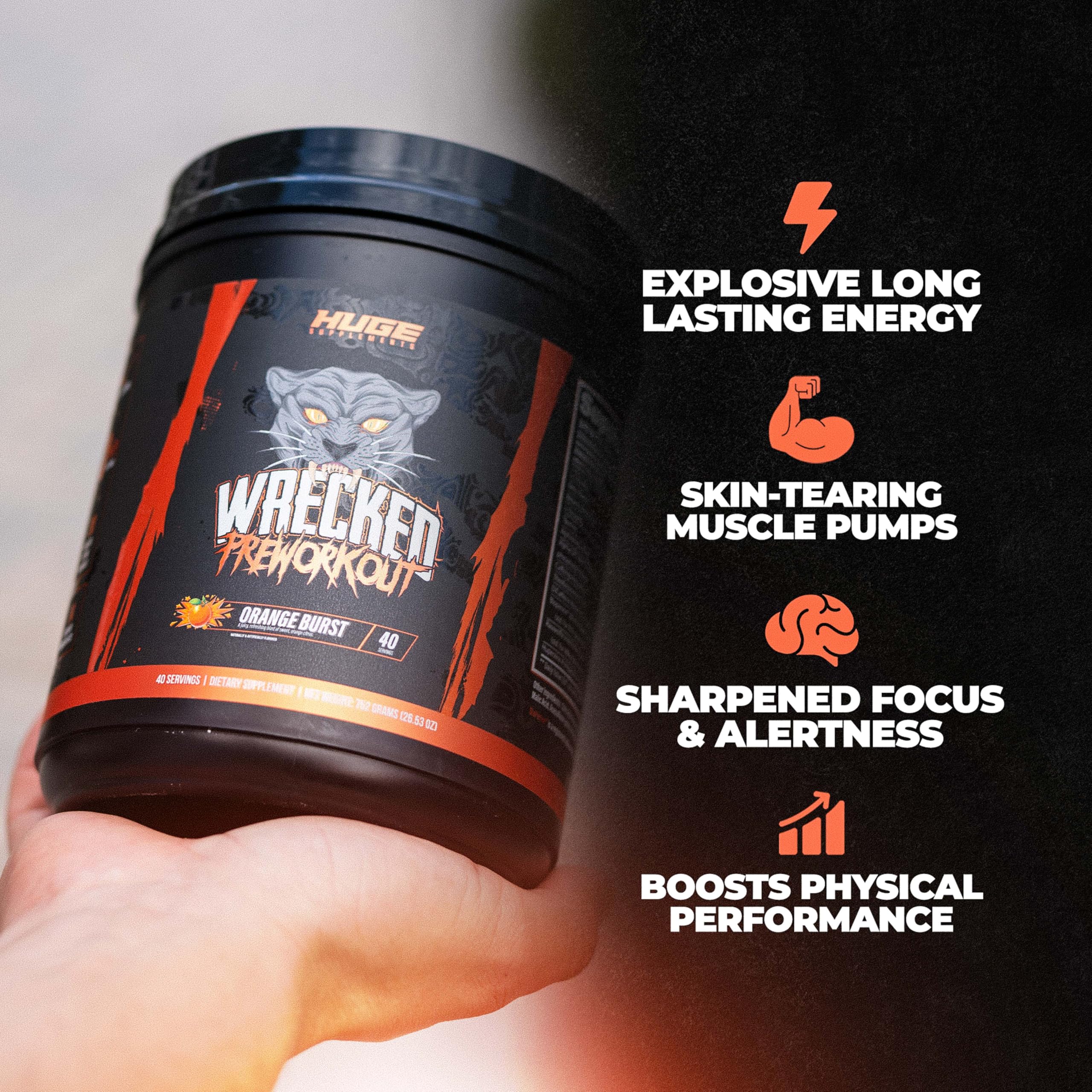 Huge Supplements Wrecked sabor suave y mezcla perfecta para empezar entrenos.