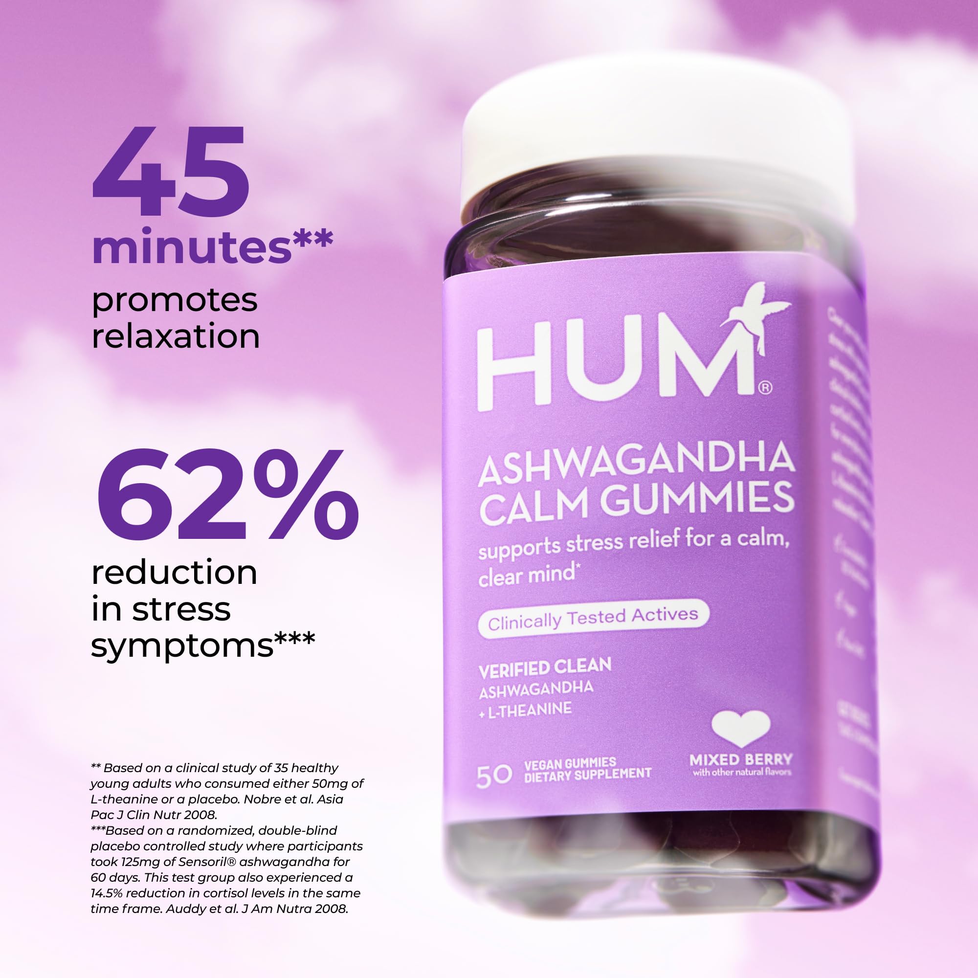 Textura suave de HUM Calm, gominolas fáciles de masticar en pausa breve.