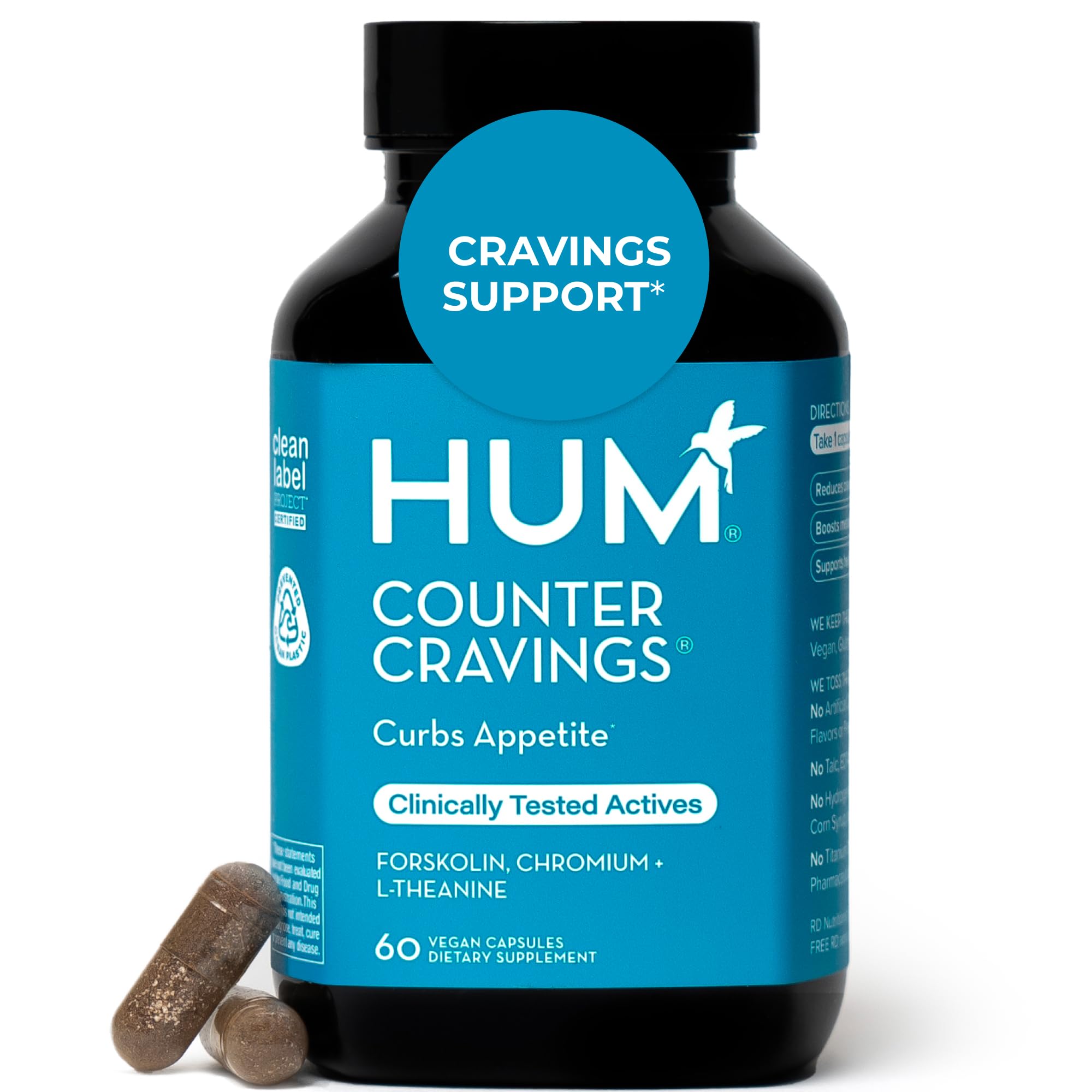 Hum Counter Cravings: botella derramando cápsulas para apoyar hábitos diarios.