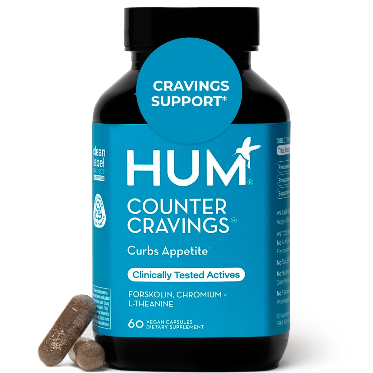 Hum Counter Cravings: botella derramando cápsulas para apoyar hábitos diarios.