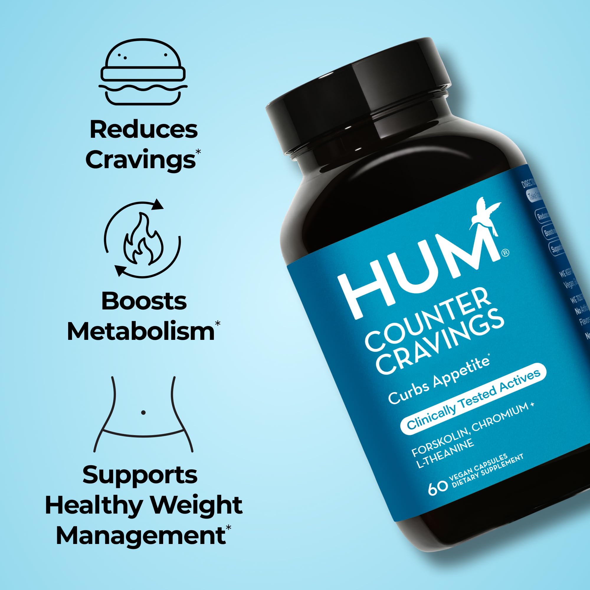 Etiqueta frontal de Hum Counter Cravings con información de beneficios.