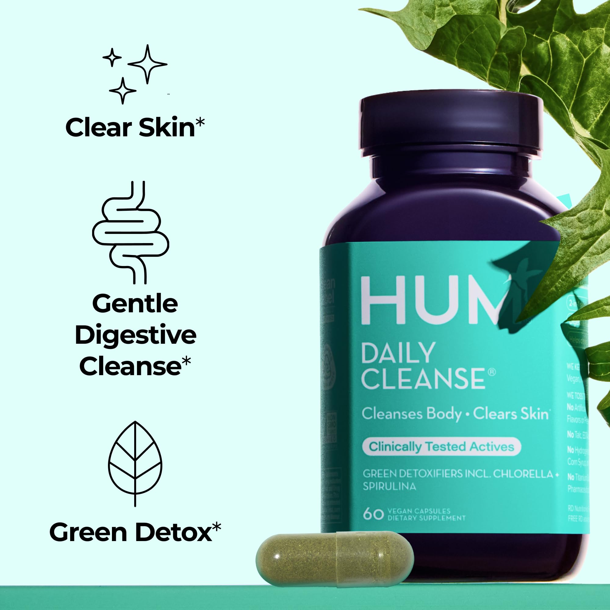HUM Limpieza diaria cápsulas, ideal para soporte digestivo suave y claridad de piel potencial.