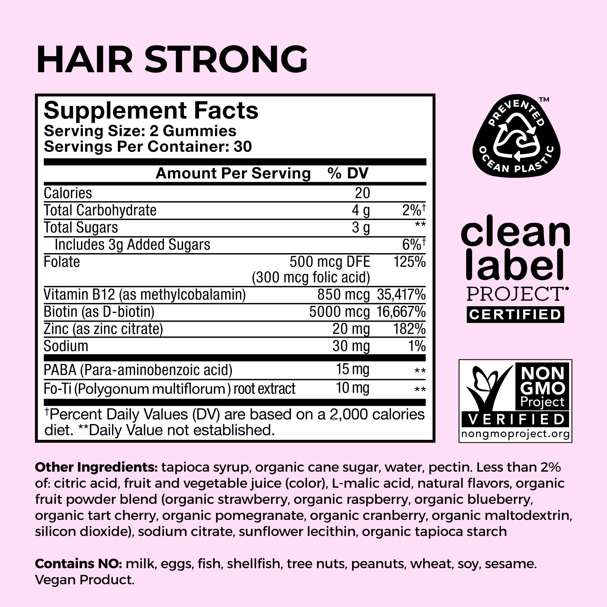 Gomitas HUM Hair Strong aptas para veganos y libres de OGM.