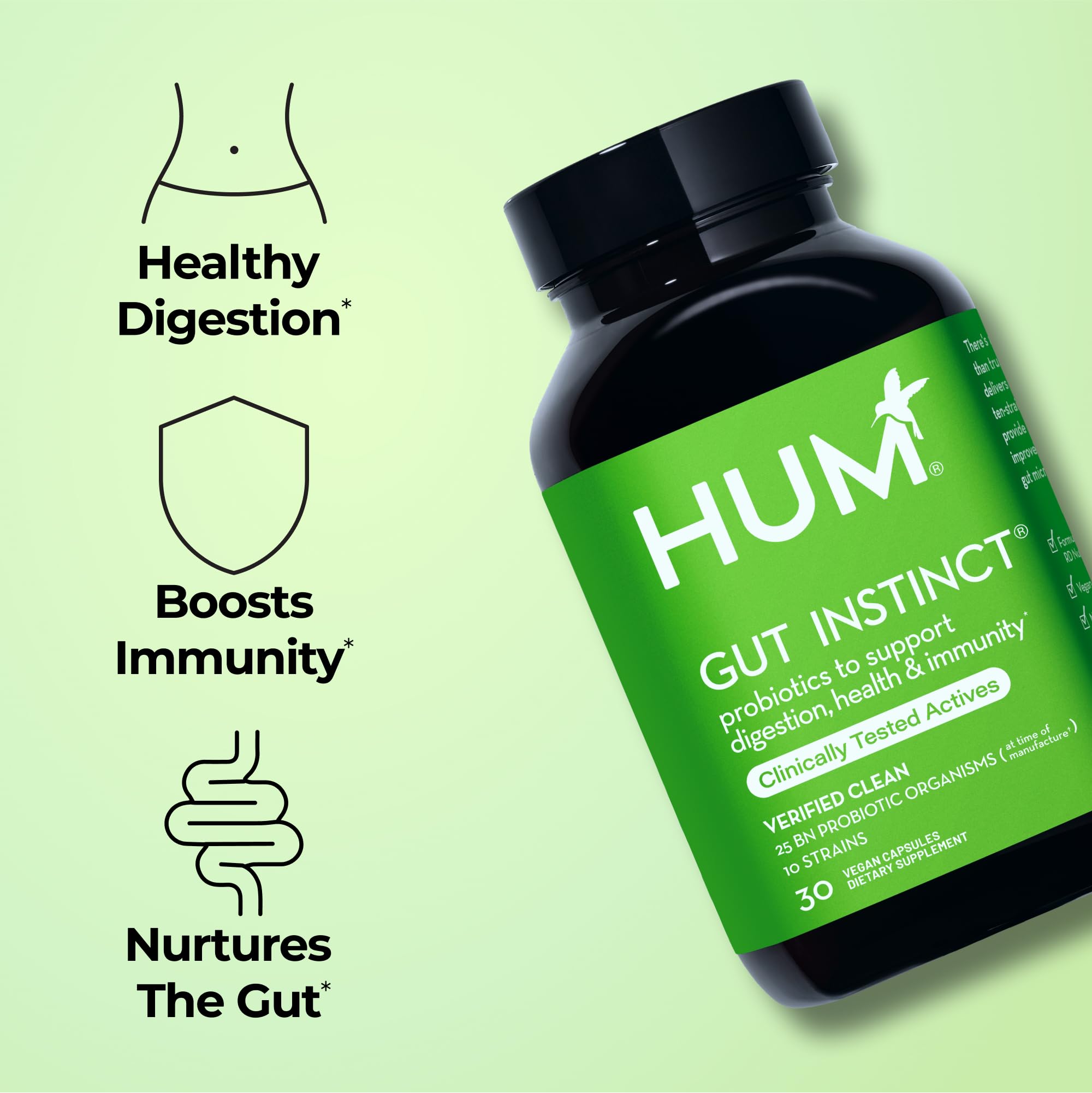 HUM Gut Instinct, botella de cápsulas para toma diaria.