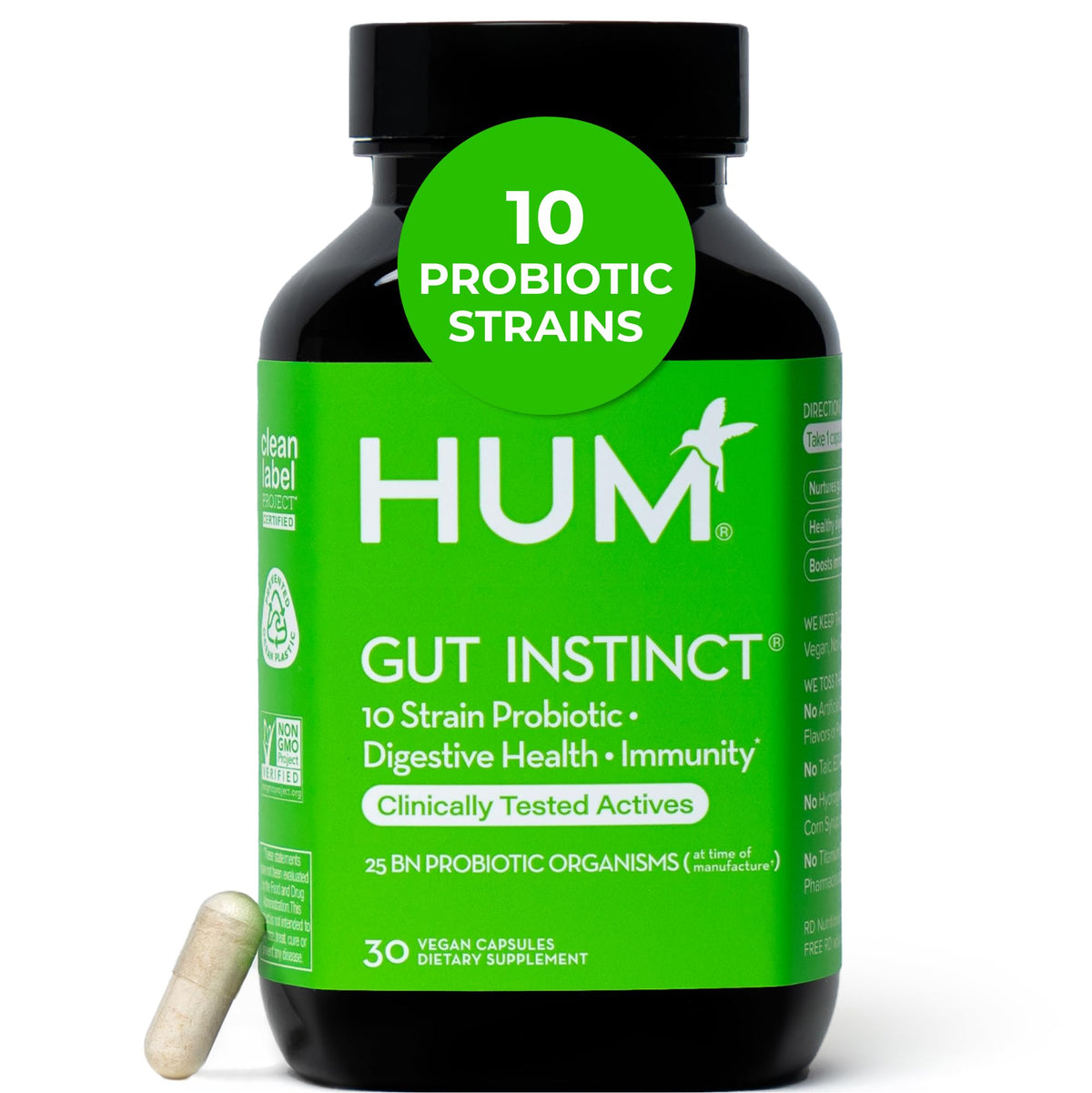 HUM Gut Instinct: caja de cápsulas para apoyo digestivo diario y diversidad intestinal.
