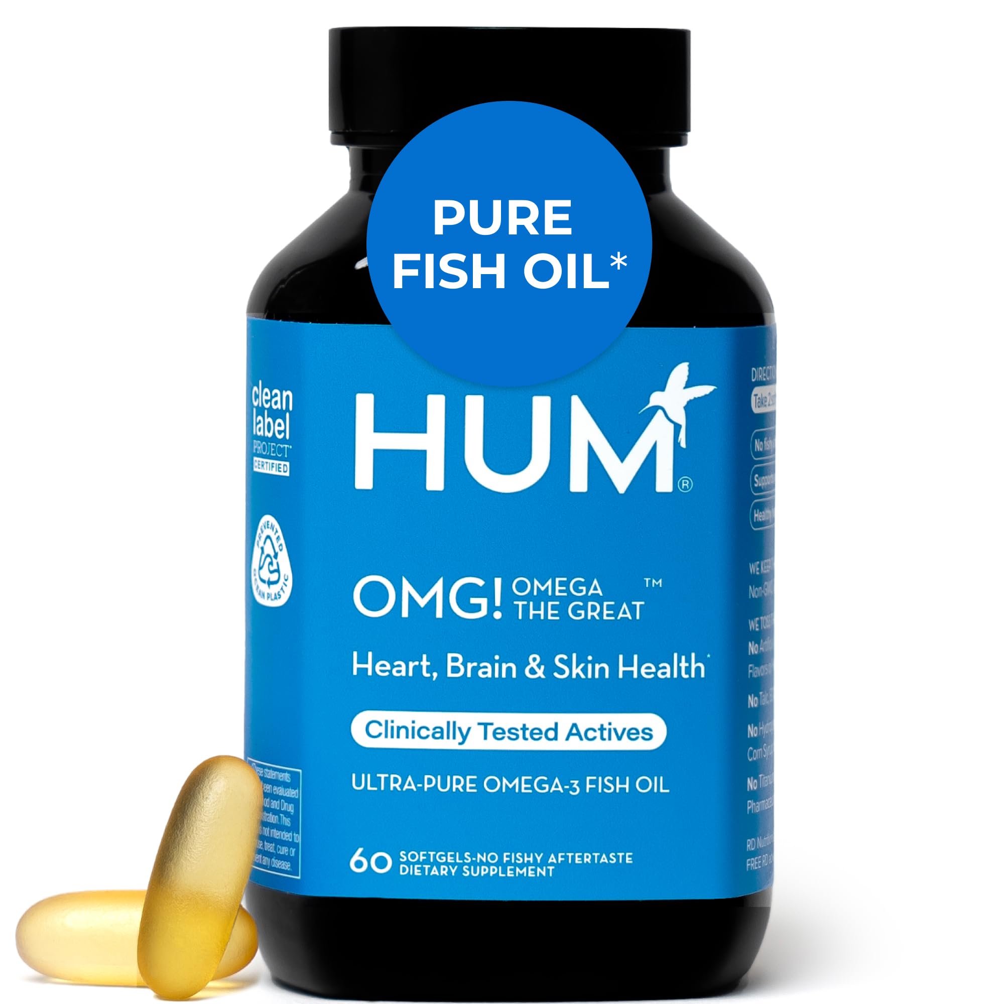 Hum OMG Omega The Great, botella frontal, sugiere ingesta diaria de omega-3 para bienestar.