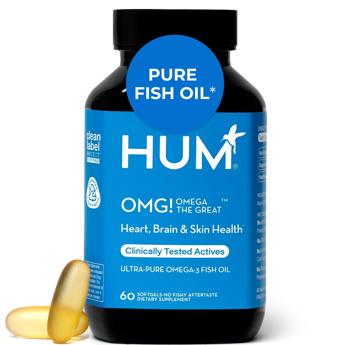 Hum OMG Omega The Great, botella frontal, sugiere ingesta diaria de omega-3 para bienestar.