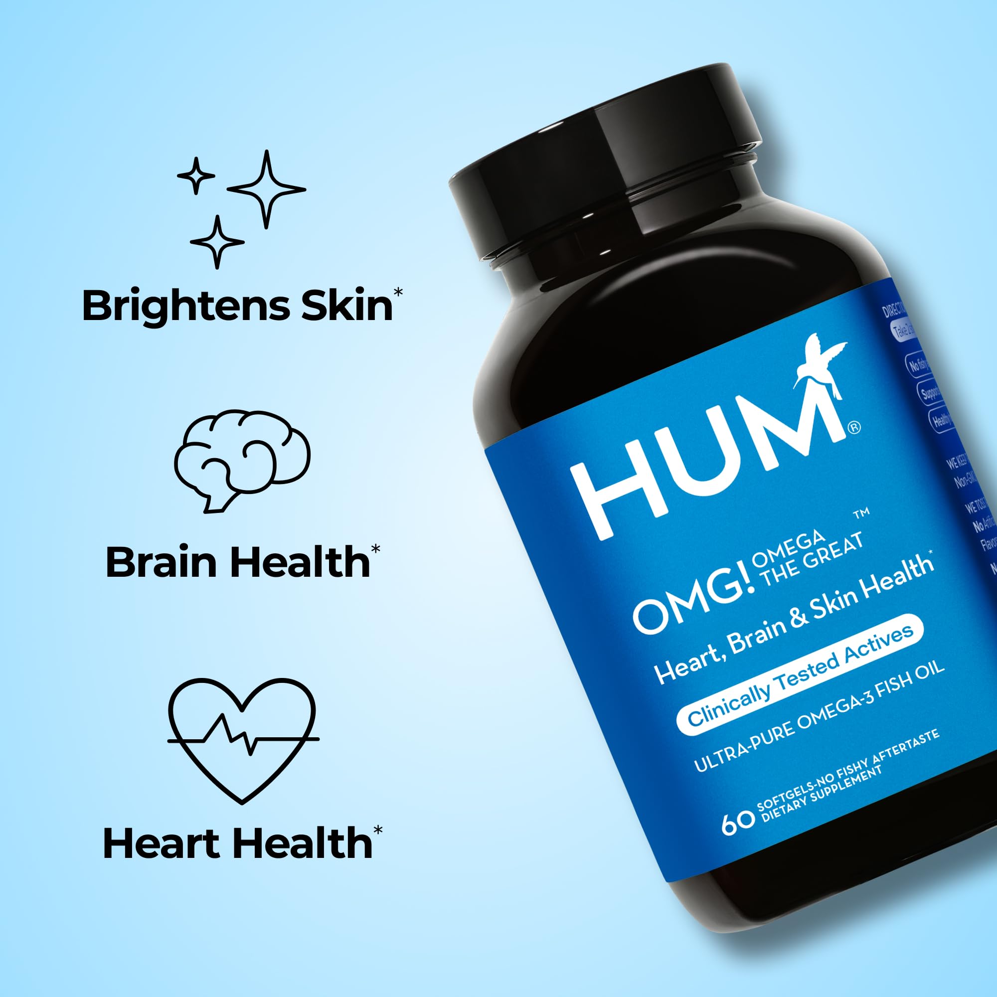 Hum OMG Omega The Great, etiqueta detalle, destaca EPA y DHA para apoyo nutricional.