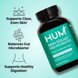 HUM Skin Squad Probiotics botella, fácil dosis diaria para bienestar digestivo.